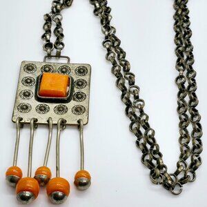 Vintage Brutalist Pendant Necklace with Orange Beads